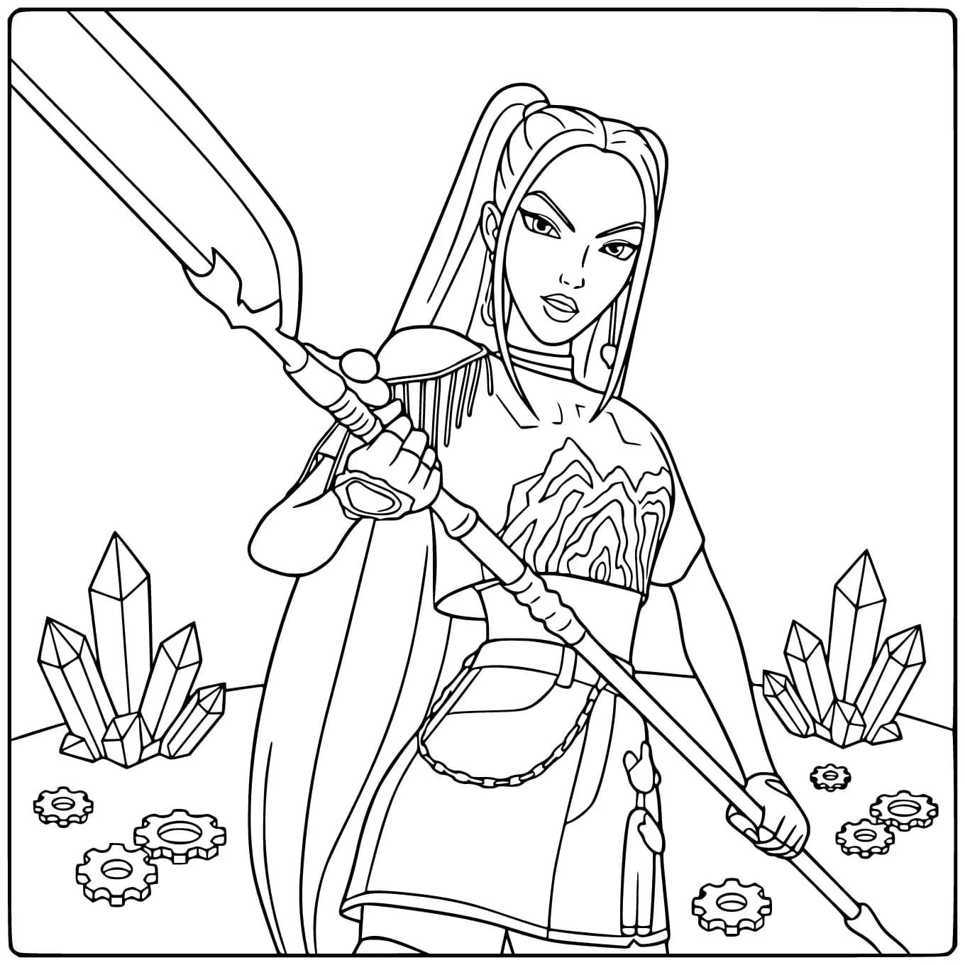 KPop Demon Hunters Mira coloring page with a large spear