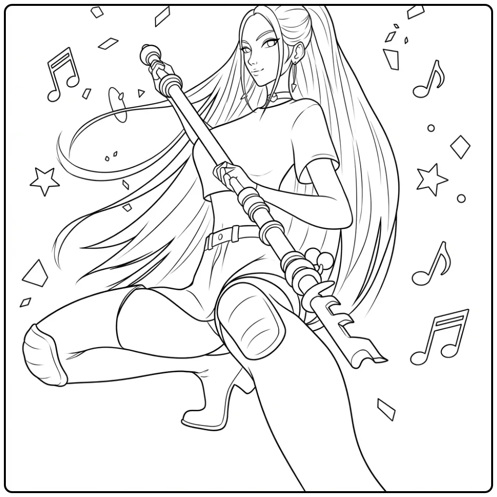 Tough KPop Demon Hunters Mira with a Weapon coloring page
