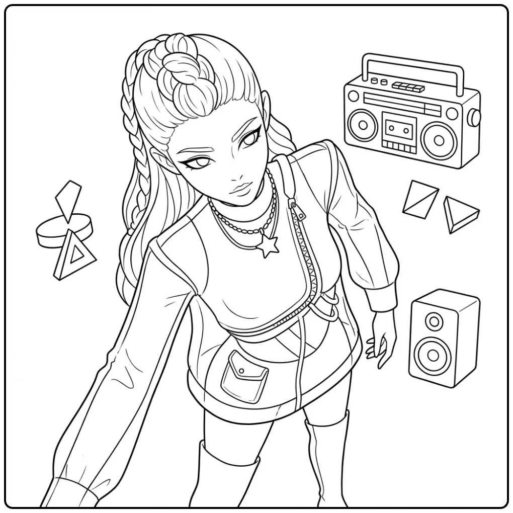 Tough KPop Demon Hunters Rumi with Music coloring page