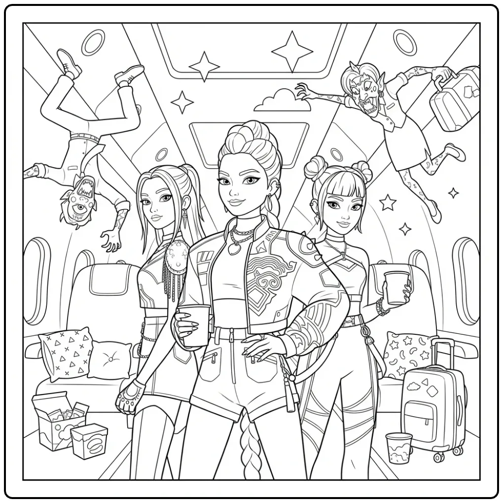 Tough KPop Demon Hunters in a Private Jet coloring page