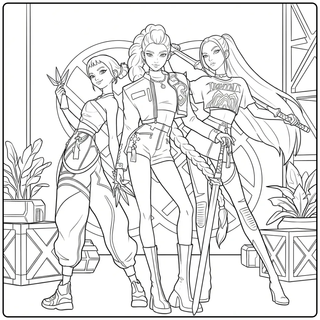 Tough KPop Demon Hunters team coloring page