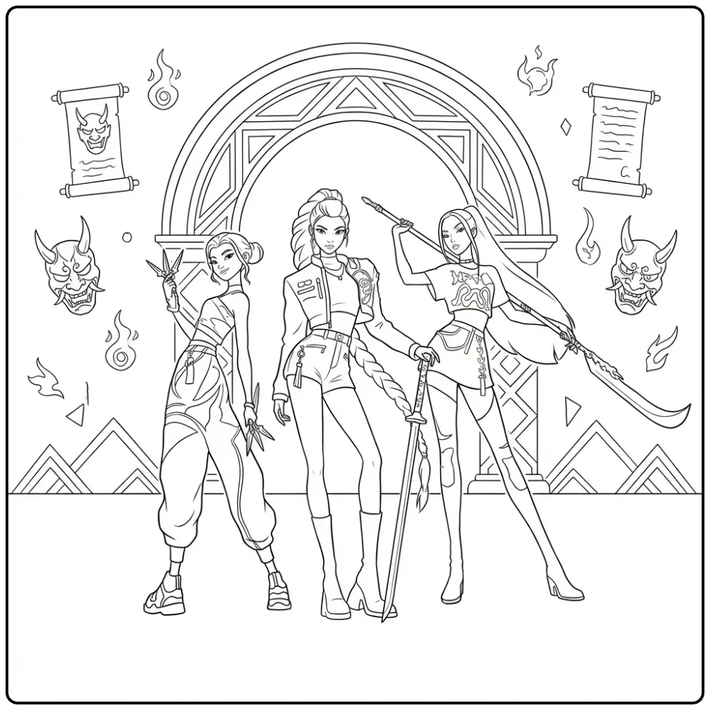 Tough KPop Demon Hunters action coloring page