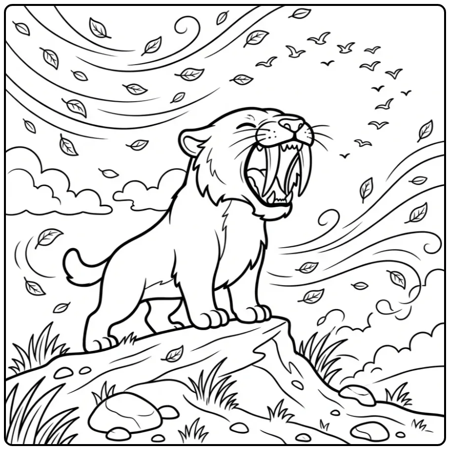 Tough Saber-toothed Tiger Roaring in the Wind coloring page
