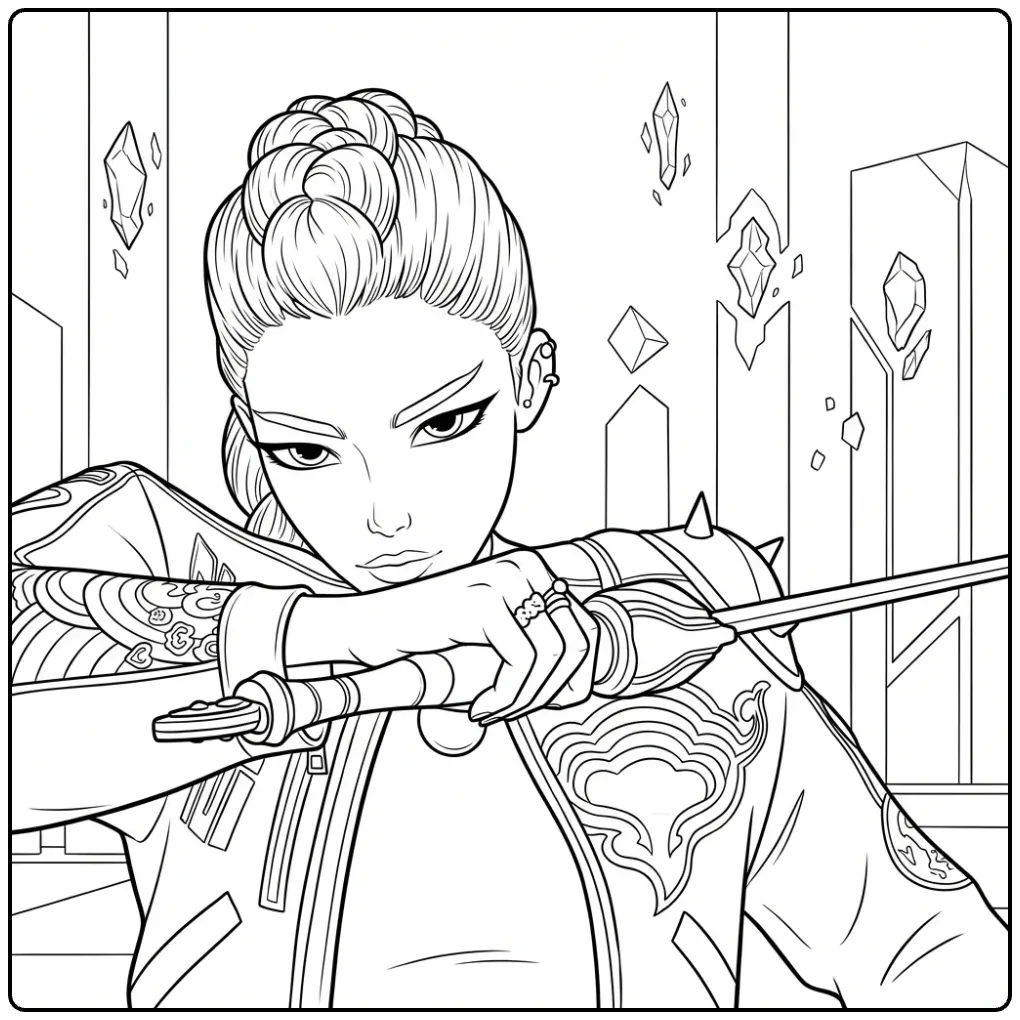 Battle-ready KPop Demon Hunters Rumi coloring page