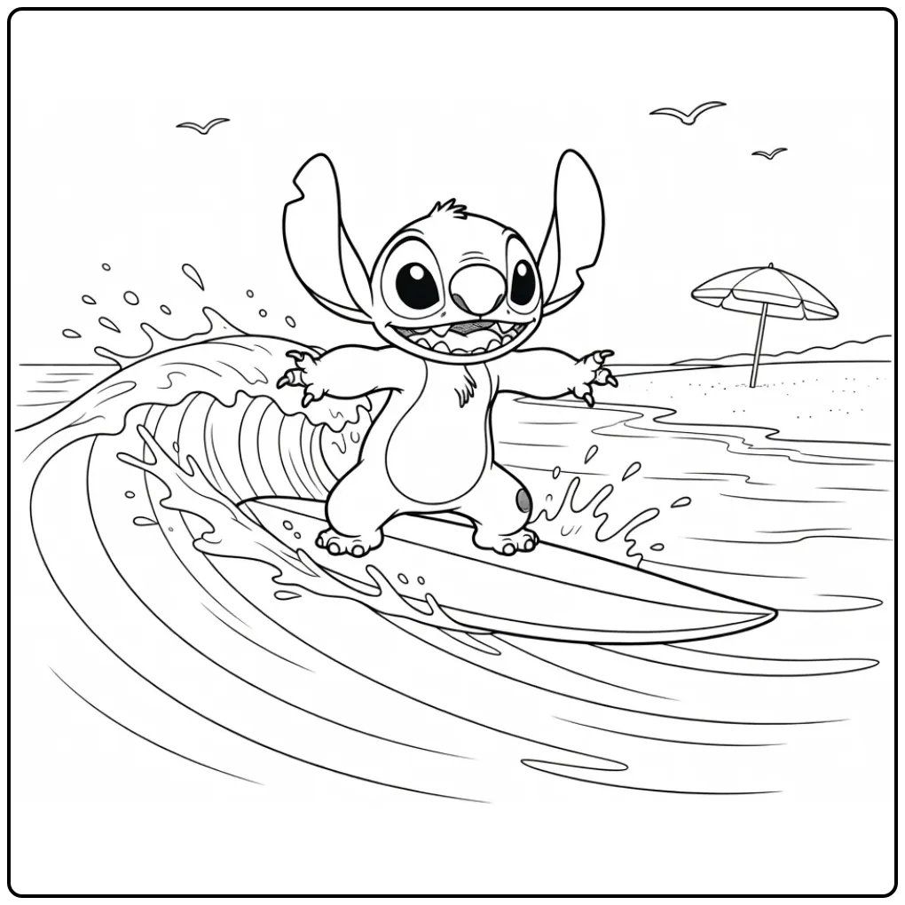 Surfing Stitch in the Ocean with Beach coloring page