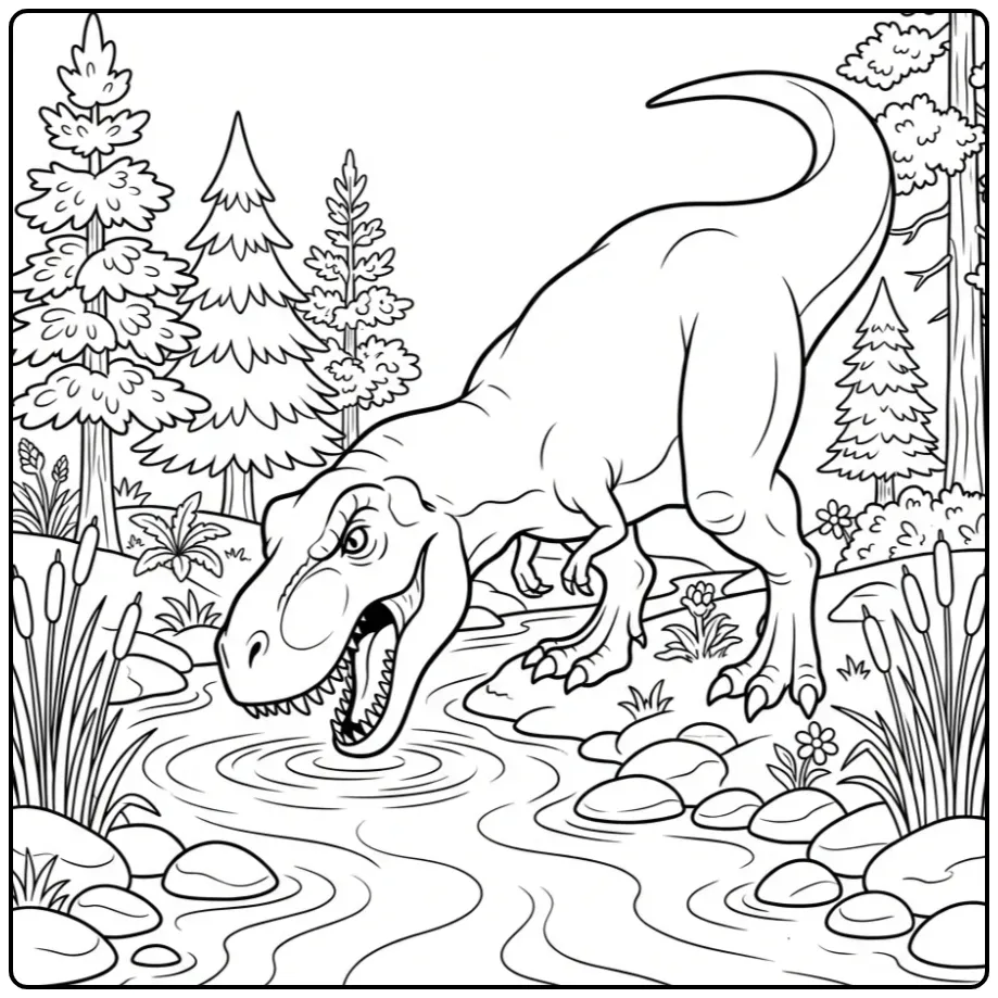 Cute T. Rex coloring page drinking by a river with trees