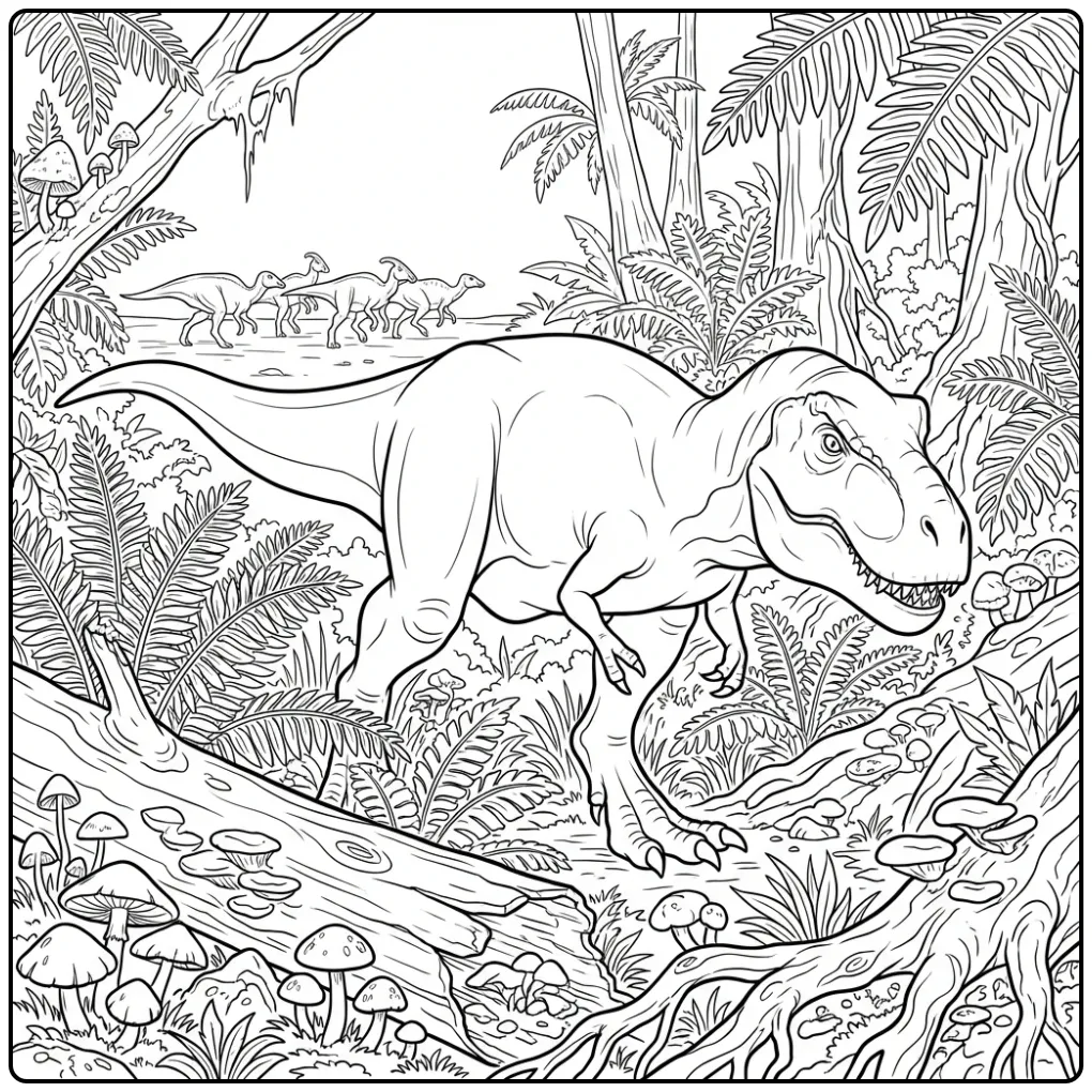 Exciting T. Rex coloring page with a hunting dinosaur