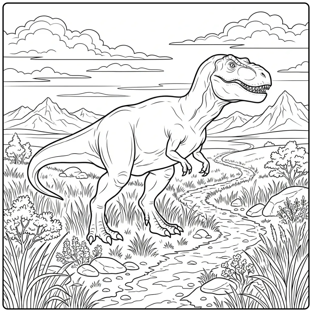 Realistic T. Rex coloring page in a landscape with mountains