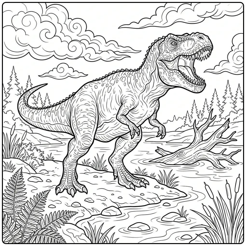 Roaring T. Rex coloring page on a muddy riverbank