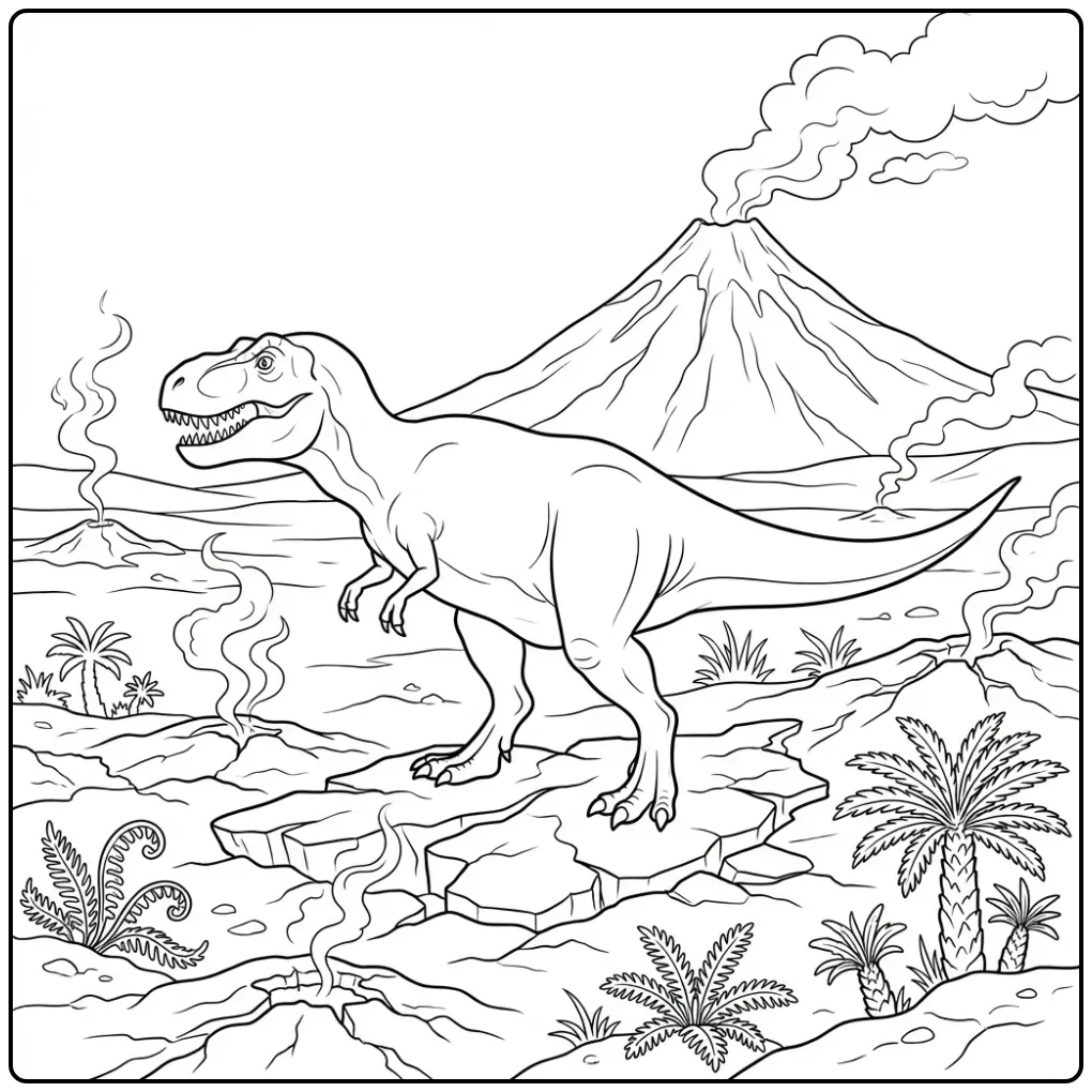 Exciting T. Rex coloring page in a volcanic landscape