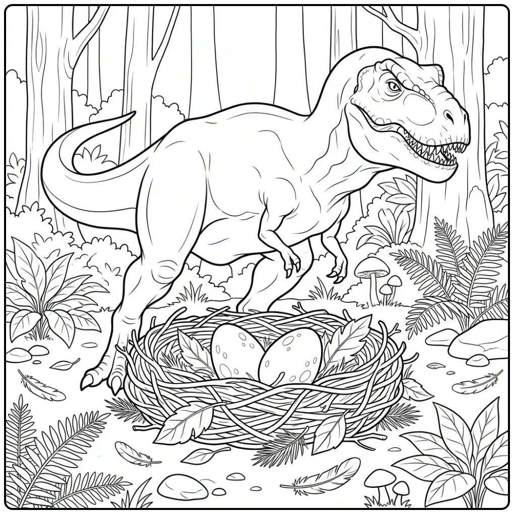 Cute mother T. Rex coloring page with eggs in a nest