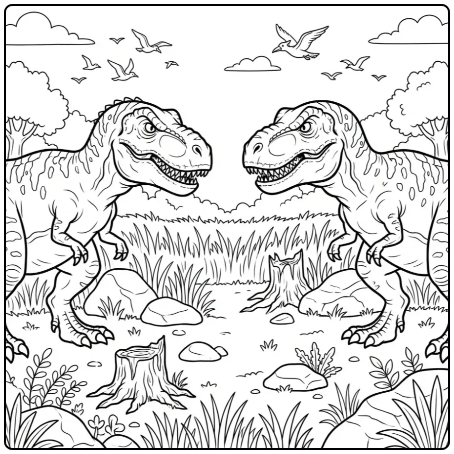 Cute T. Rex coloring page with two dinosaurs facing each other