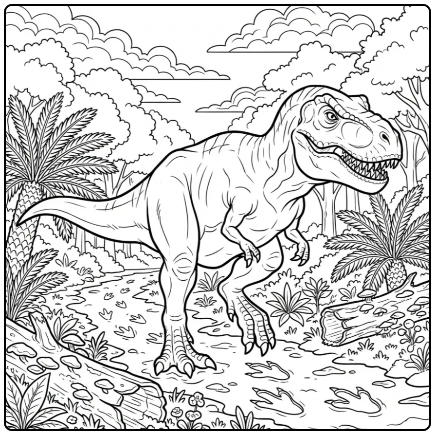 Cute T. Rex coloring page walking on a forest path