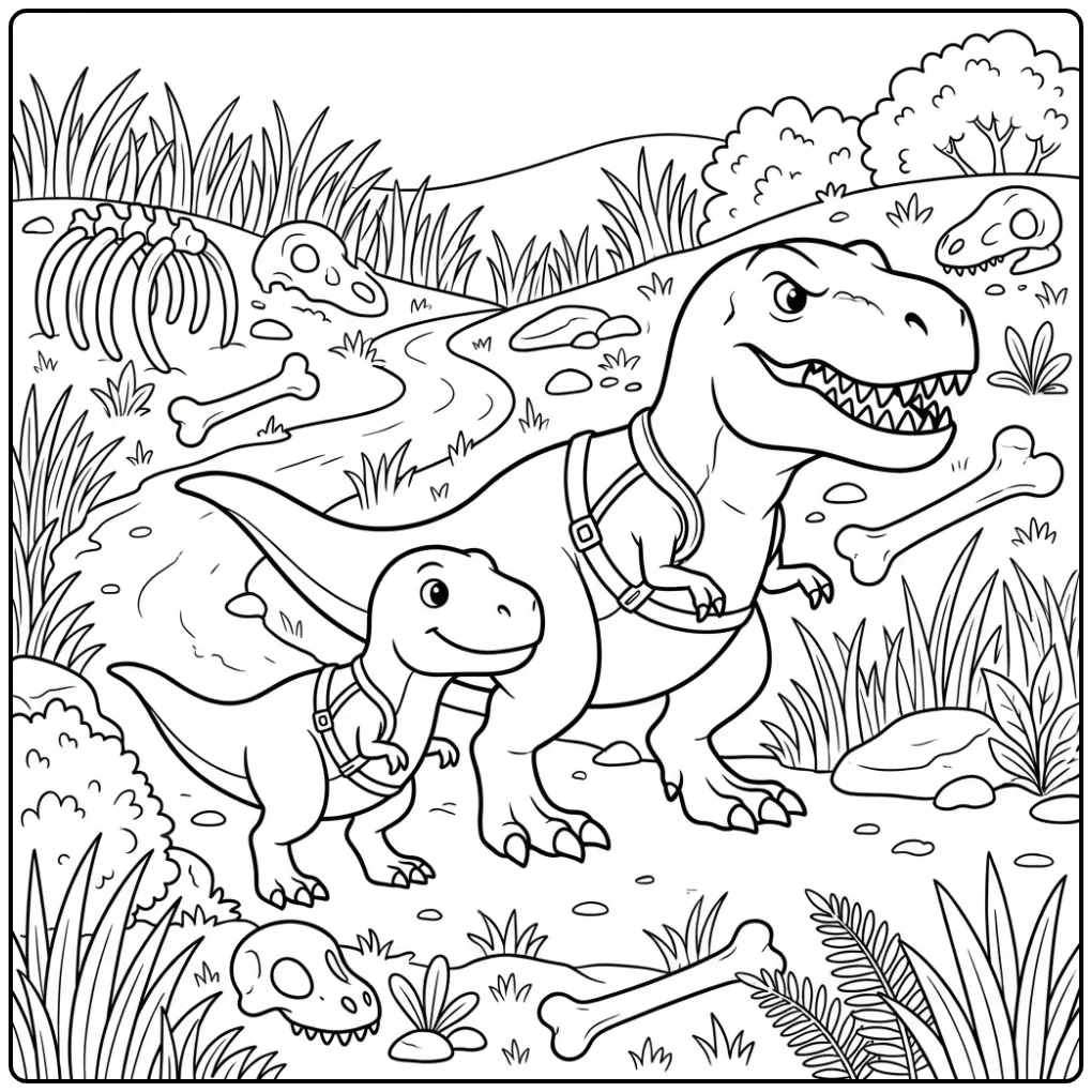 Cute T. Rex coloring page of a parent and child