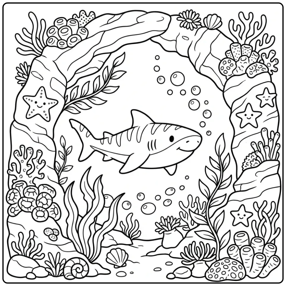 Tiger in Reef Tunnel Shark for Children coloring page