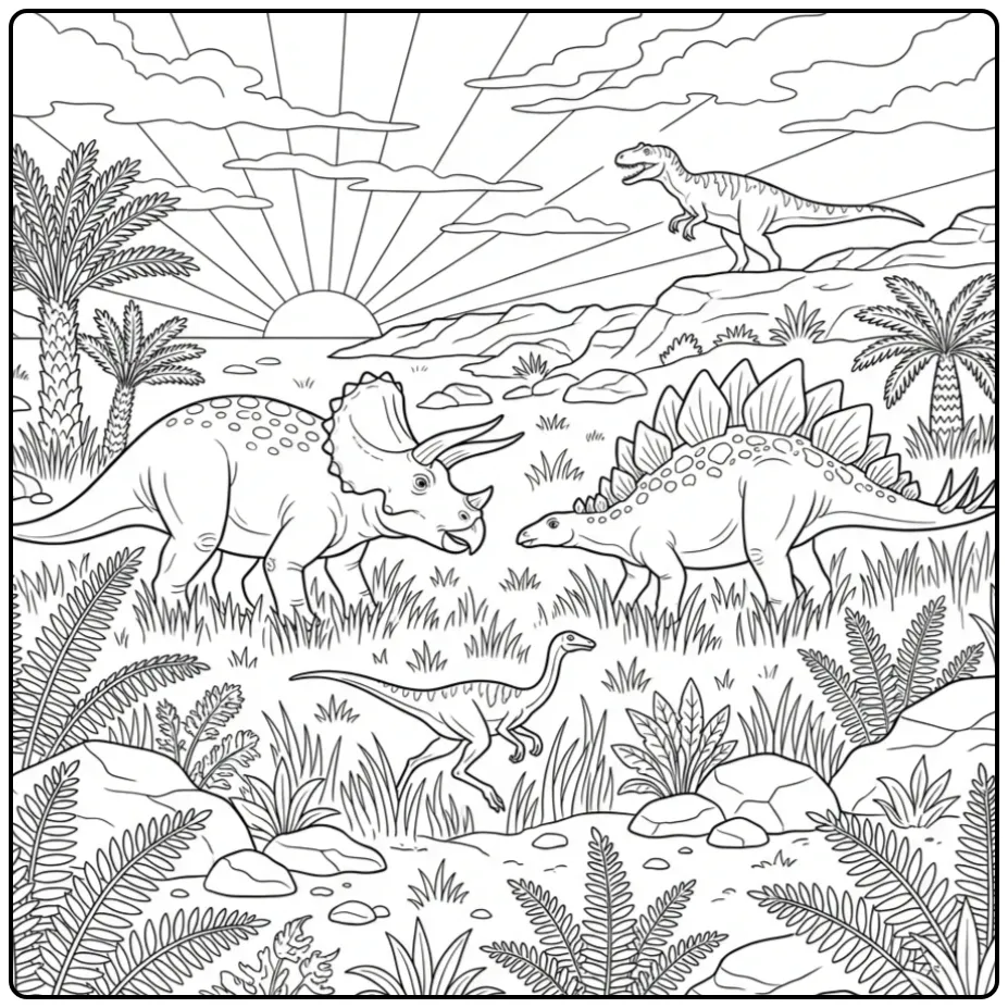 Triceratops and Stegosaurus in the Meadow Dinosaur coloring page
