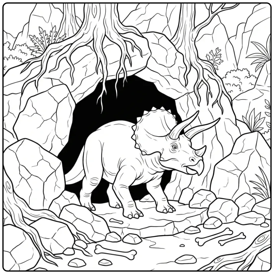 Realistic Triceratops coloring page by a cave entrance