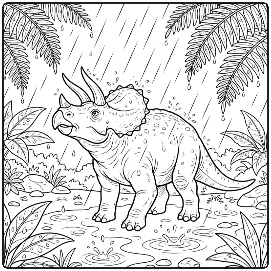 Realistic Triceratops coloring page in a rain shower