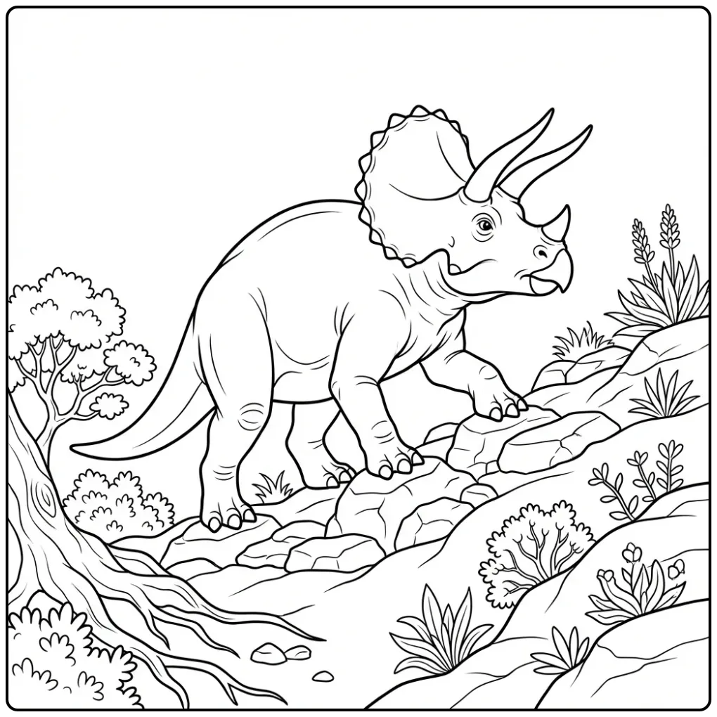 Realistic Triceratops coloring page on a slope