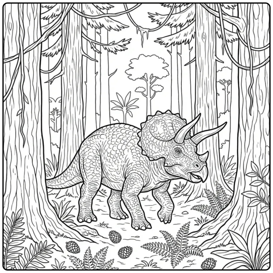 Realistic Triceratops coloring page in an old forest