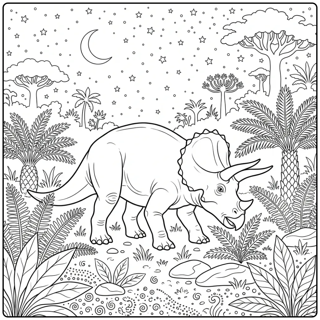 Realistic Triceratops coloring page under a starry sky