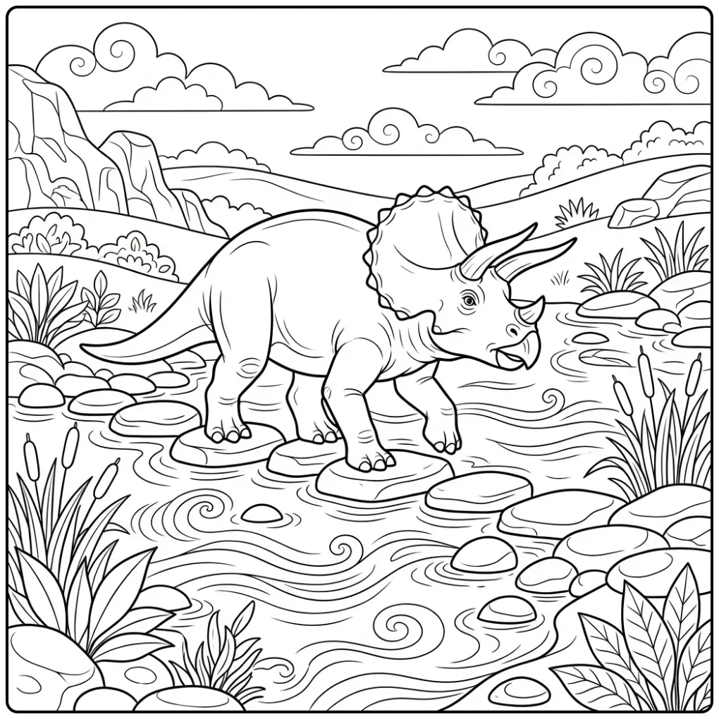 Realistic Triceratops coloring page on stepping stones in a stream