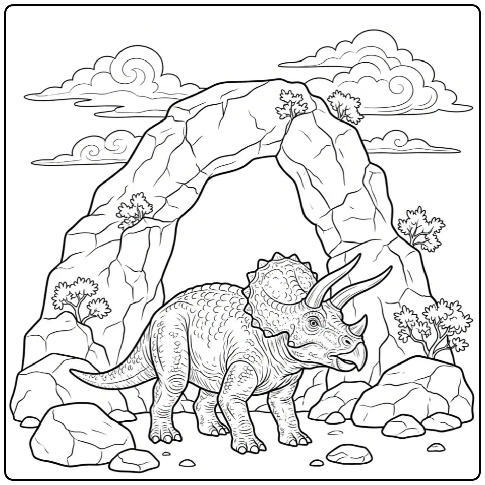 Realistic Triceratops coloring page by a large rock arch