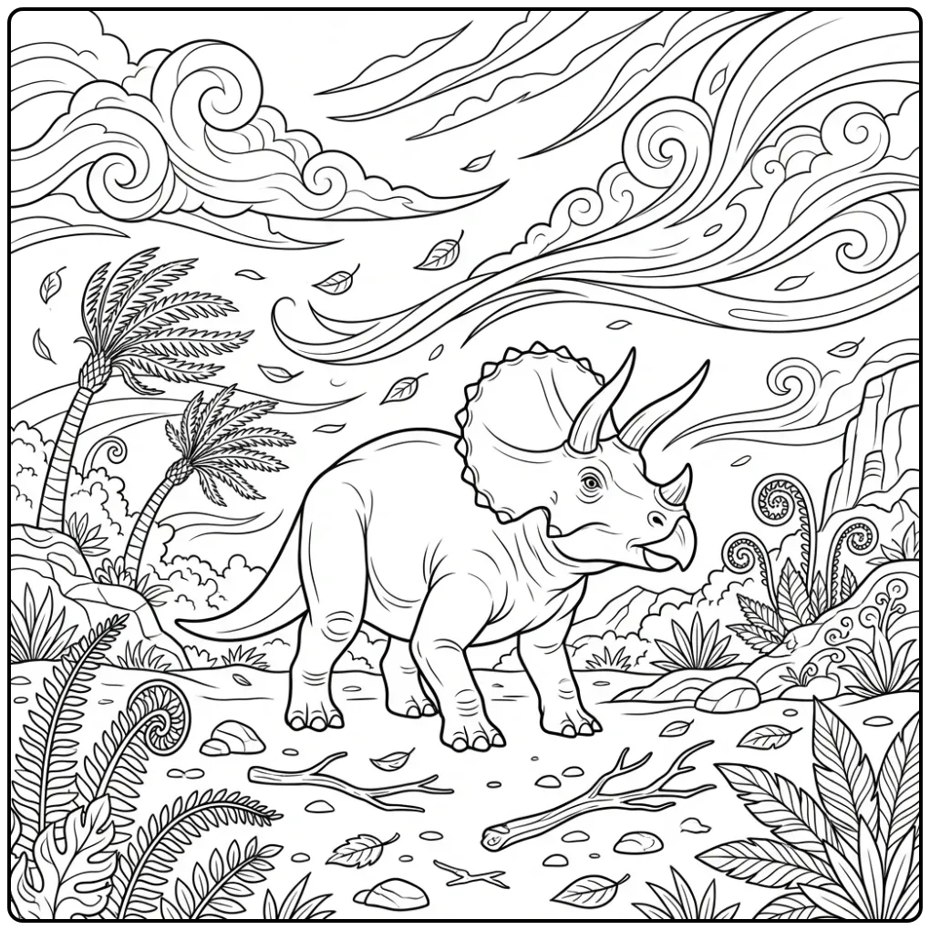 Realistic Triceratops coloring page with blowing leaves