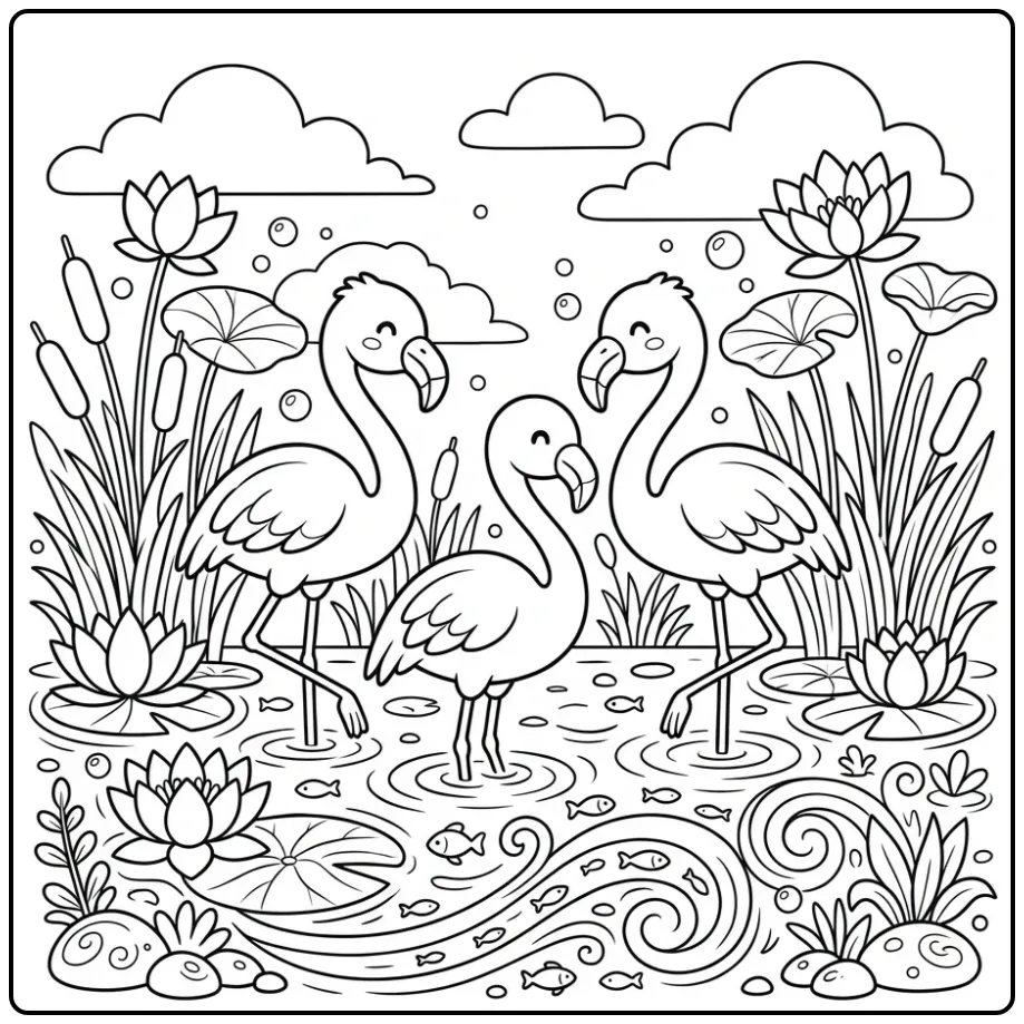 Tropical Flamingo Lotus Flowers coloring page