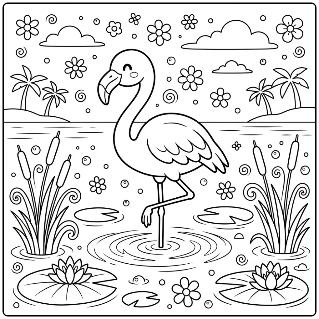Tropical Flamingo Palm Trees coloring page