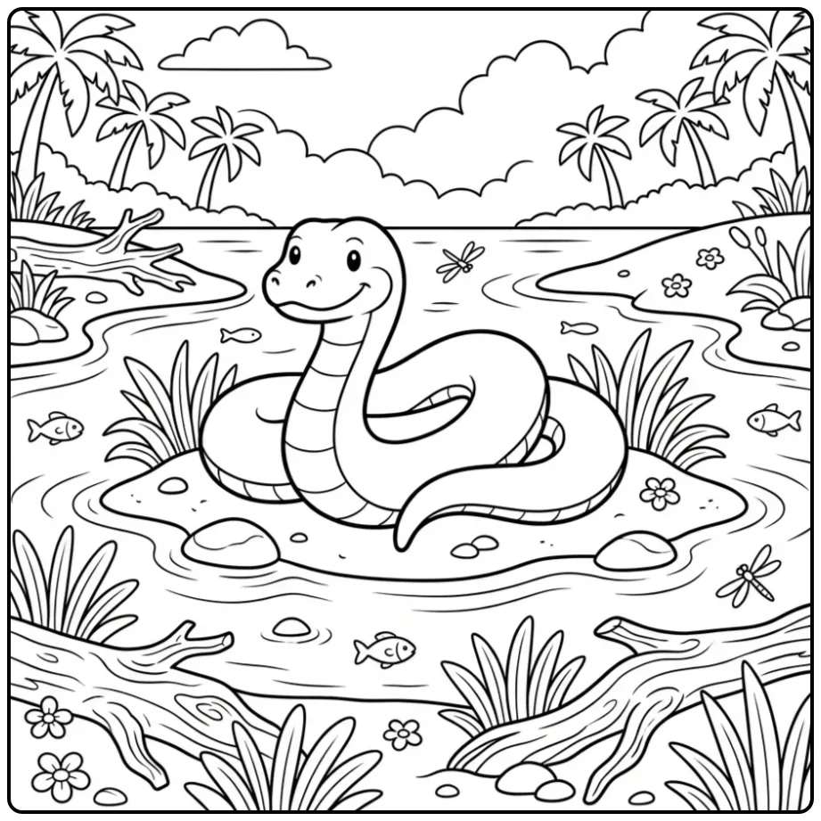 Anaconda coloring page featuring a snake on a tropical riverbank