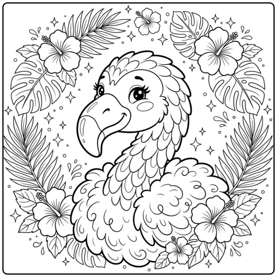 Tropical Flamingo Cute with Hibiscus and Stars coloring page
