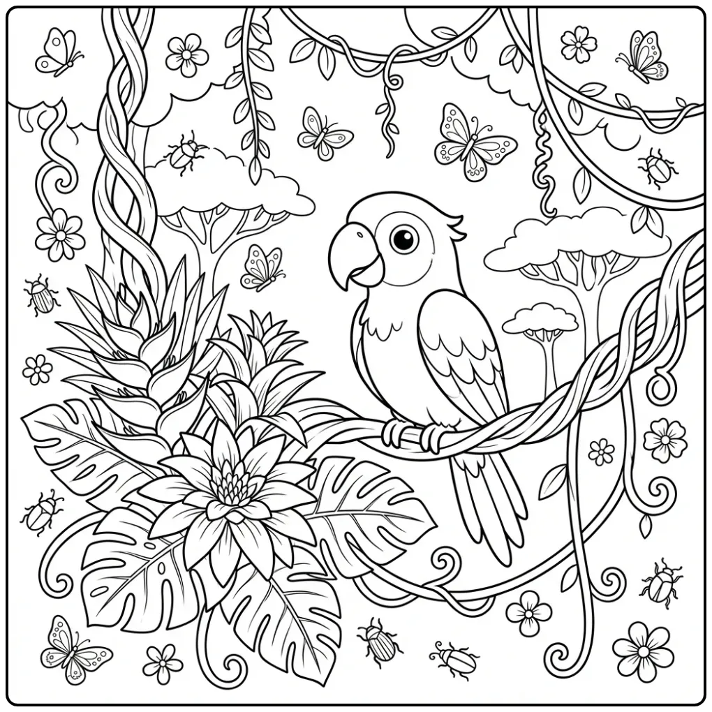 Tropical Parrot in the Rainforest coloring page