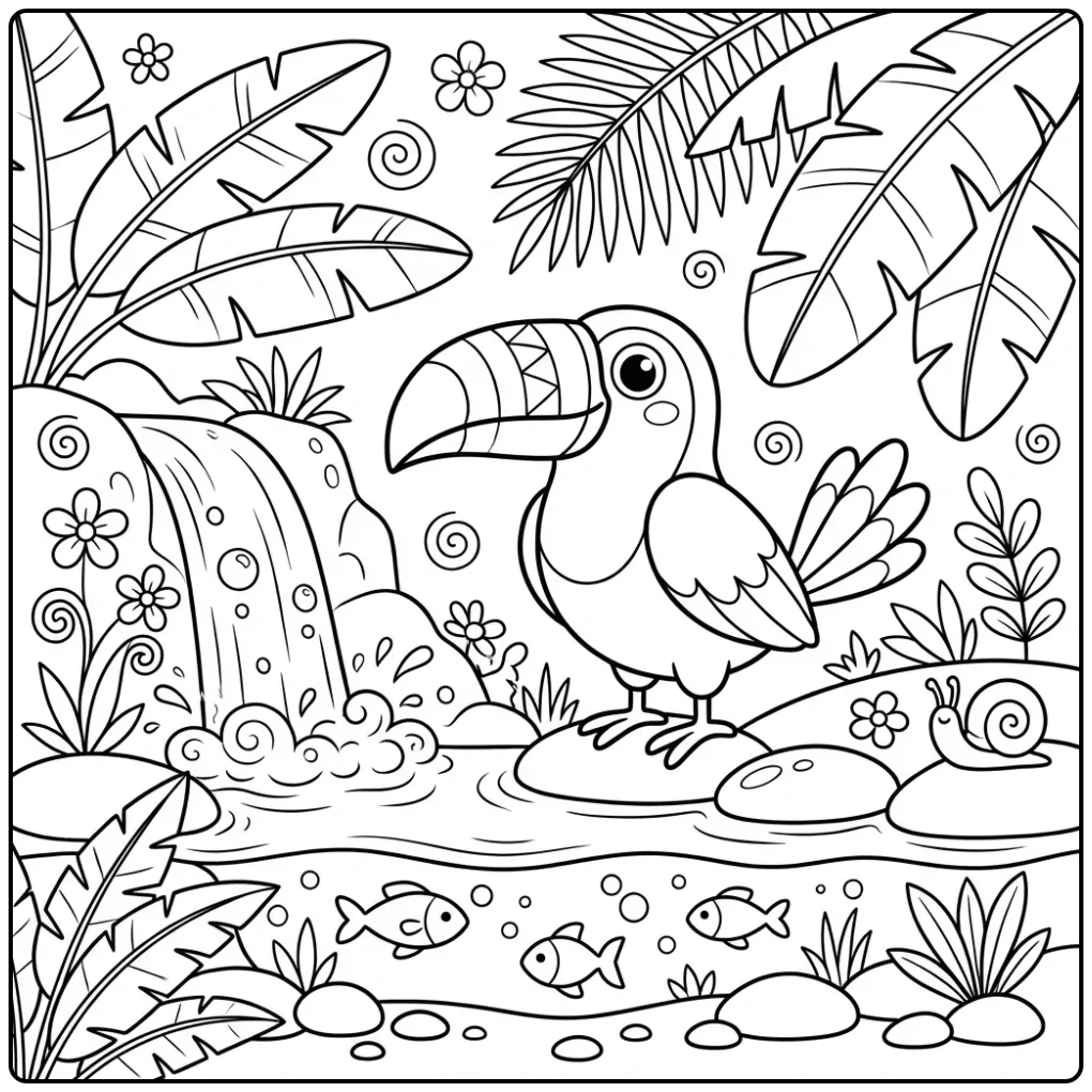 Toucan coloring page by a waterfall and fish