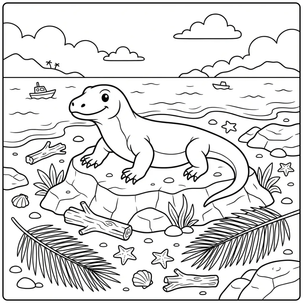Komodo Dragon coloring page on beach rocks