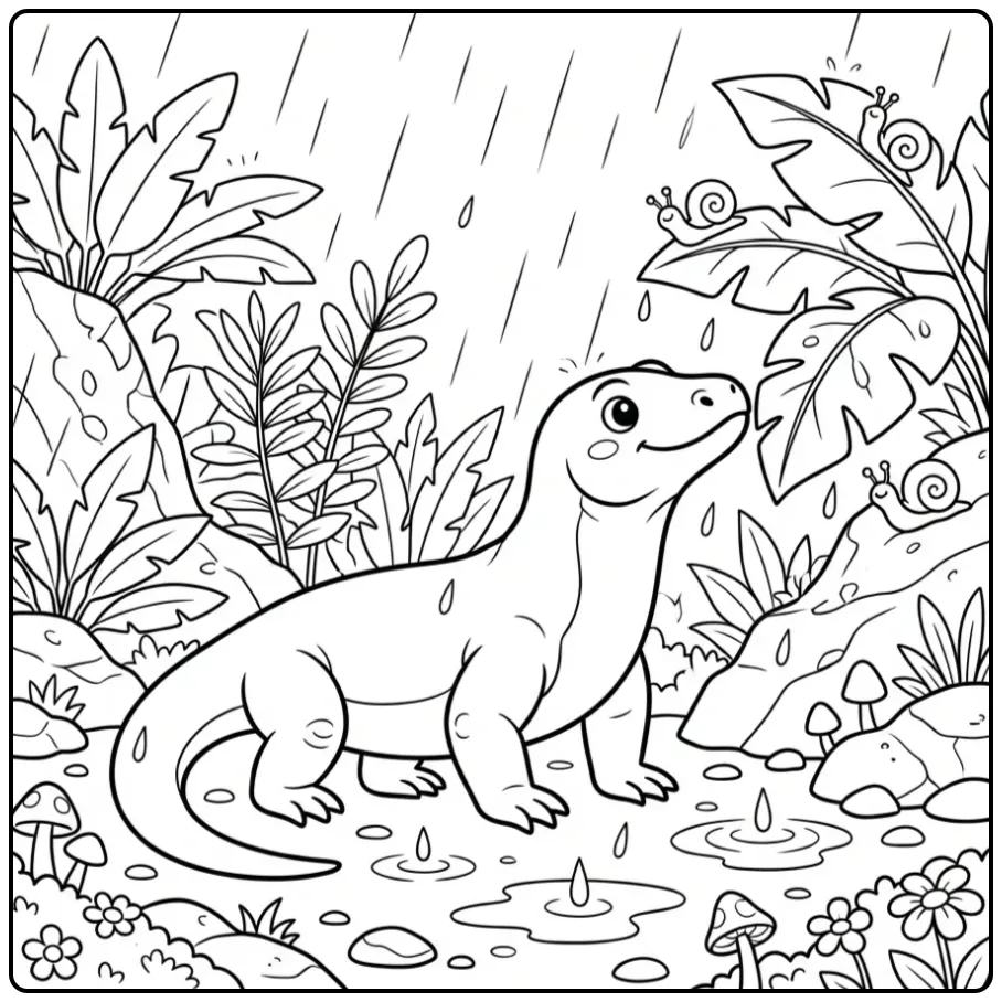 Komodo Dragon coloring page in tropical rain