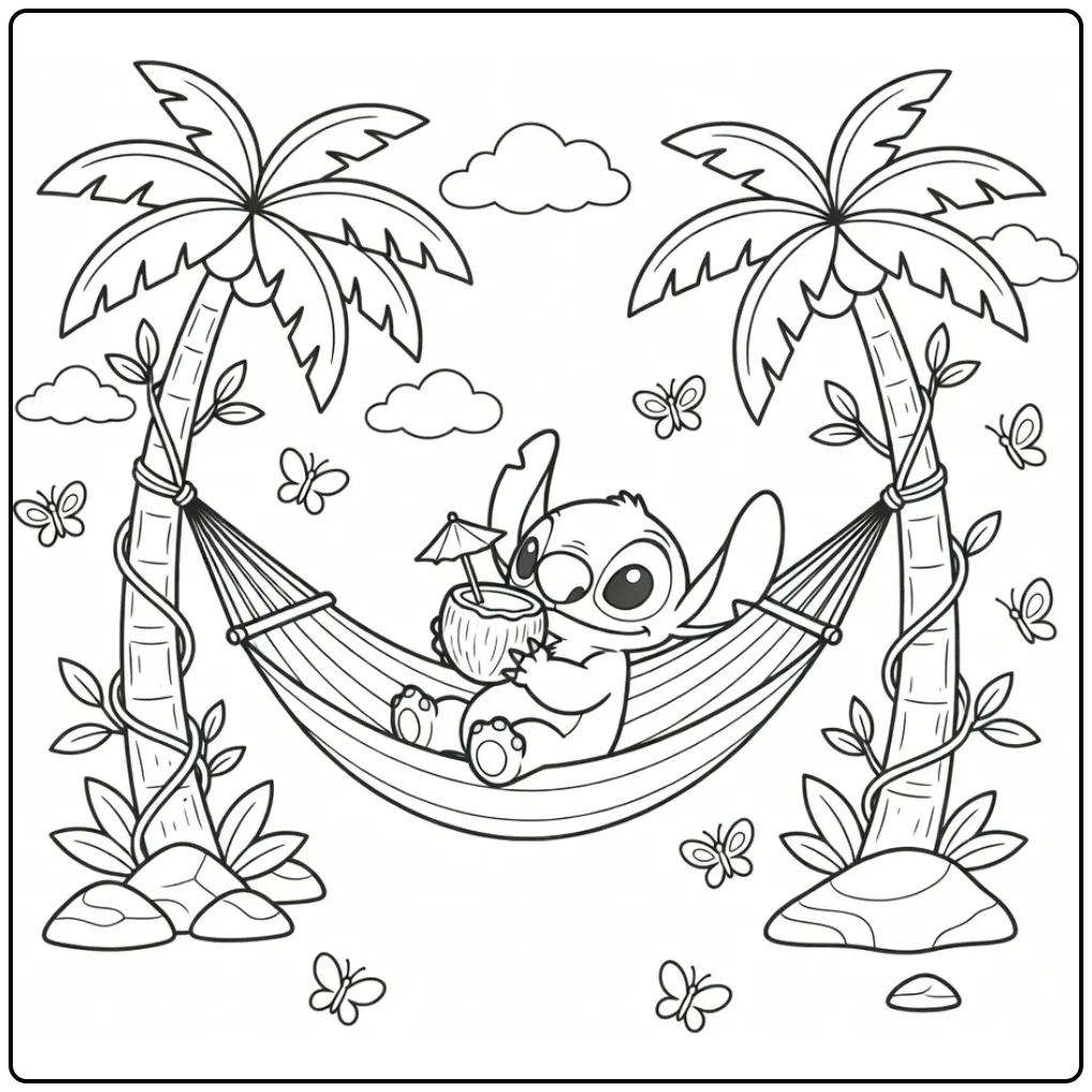 Tropical Cute Stitch Under the Palm Trees coloring page