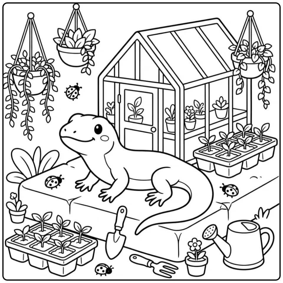 Lizard coloring page sunning by a greenhouse