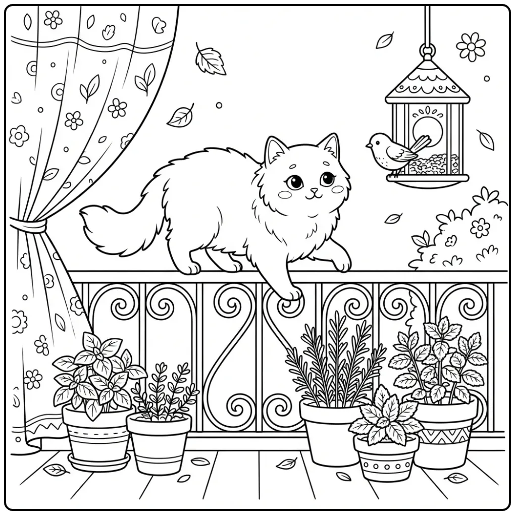 Turkish Angora Cat with Flowing Curtains coloring page