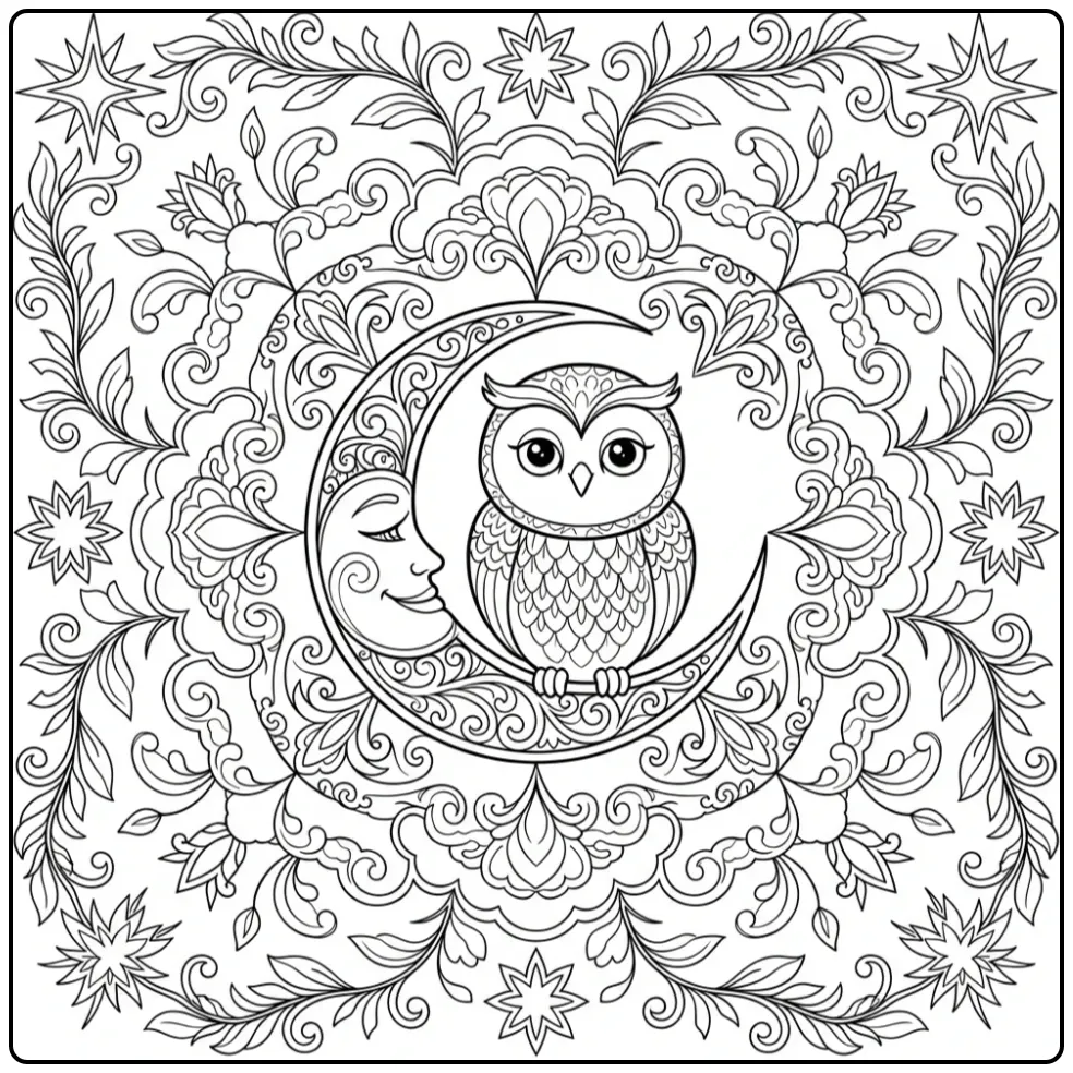 Owl on the Moon for Adults coloring page