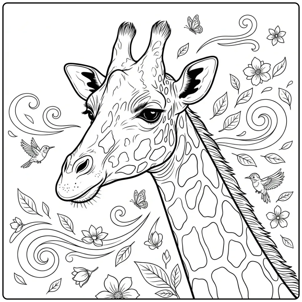 Challenging Detailed Giraffe with Patterns coloring page