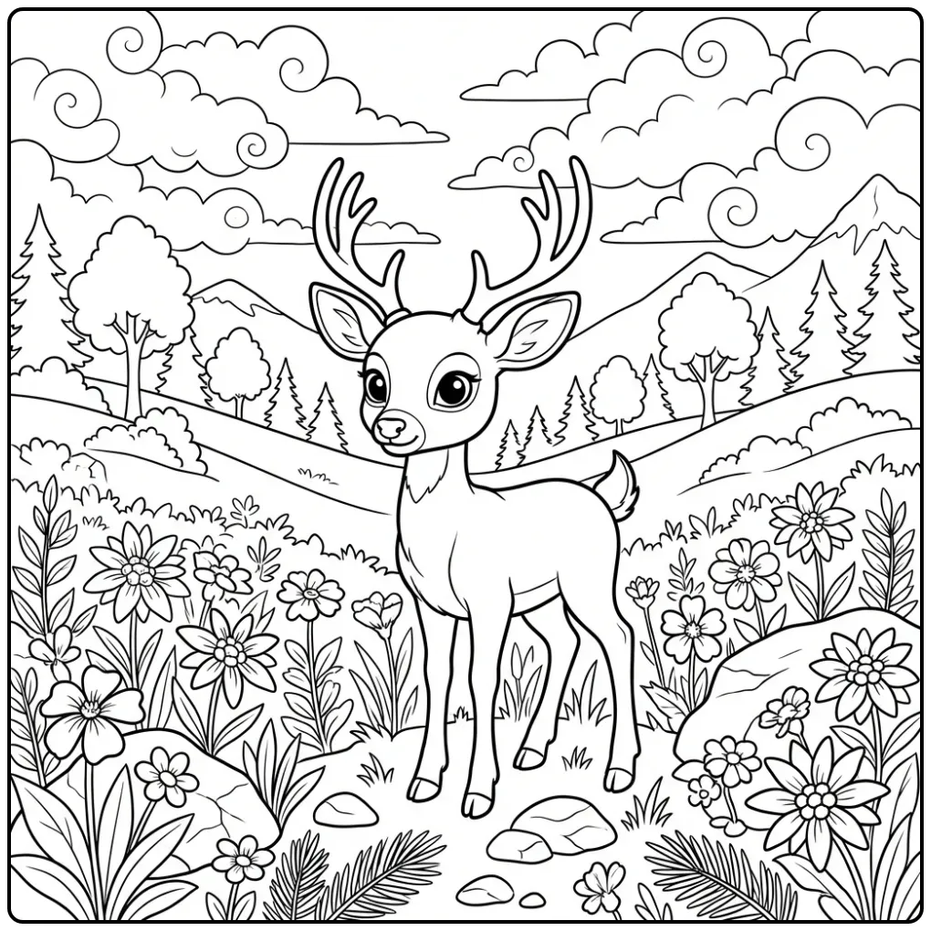 Challenging Detailed Deer with Many Flowers coloring page