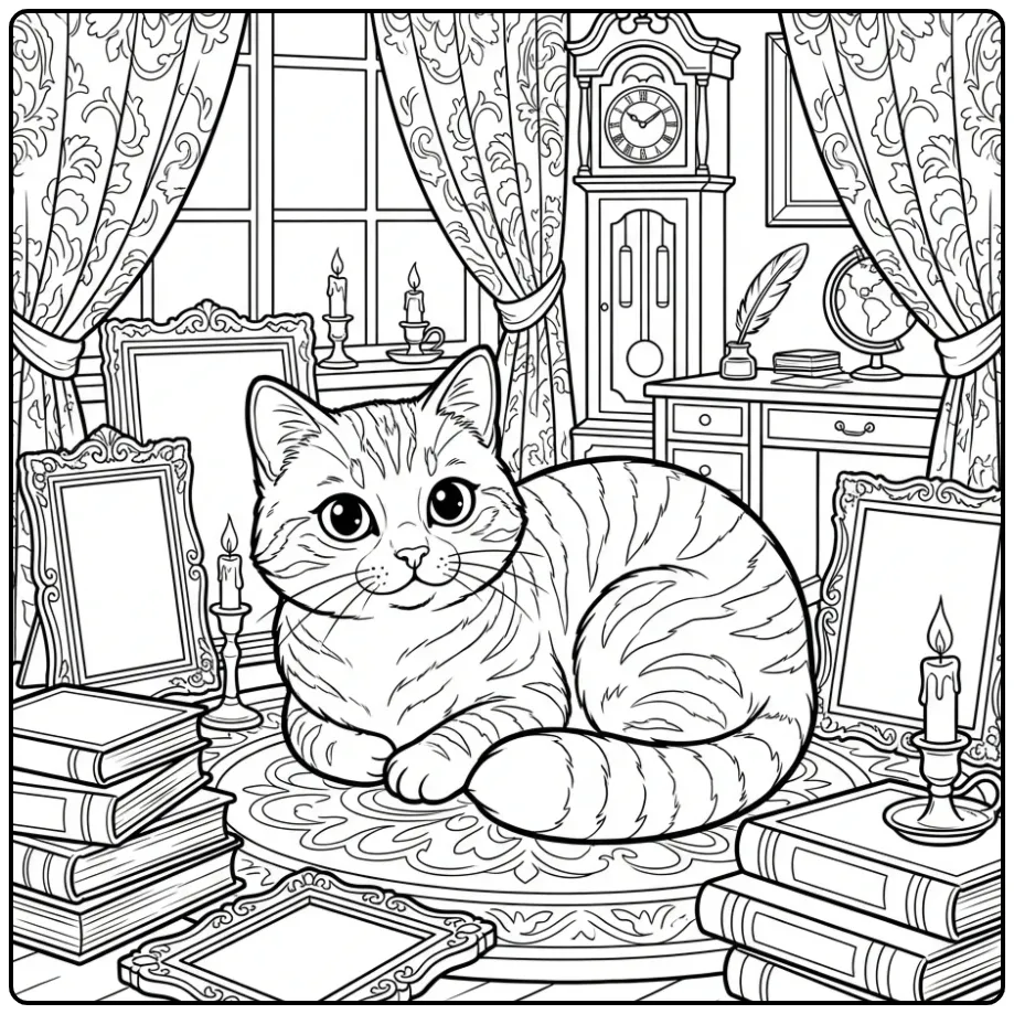 Detailed Cat in a Study Room coloring page