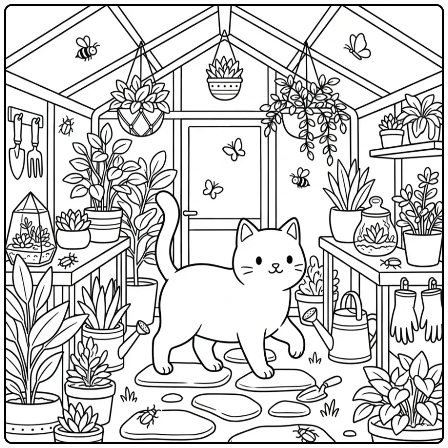 Detailed Cat Among Flower Pots coloring page