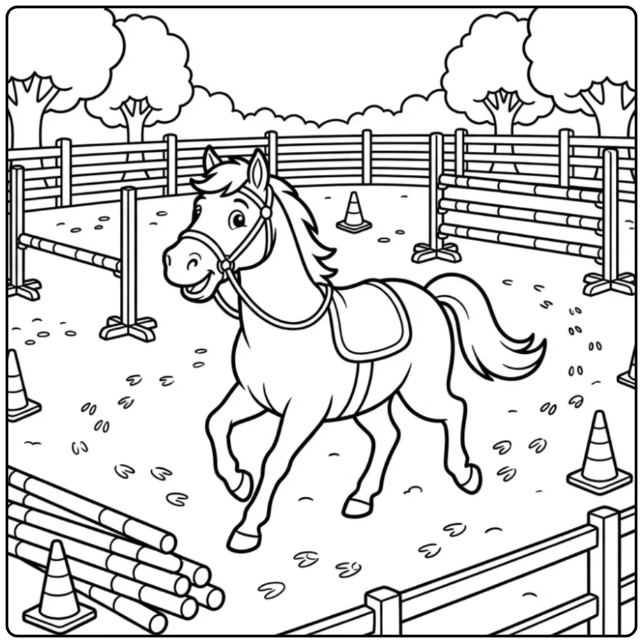 Challenging Detailed Horse with Obstacles coloring page