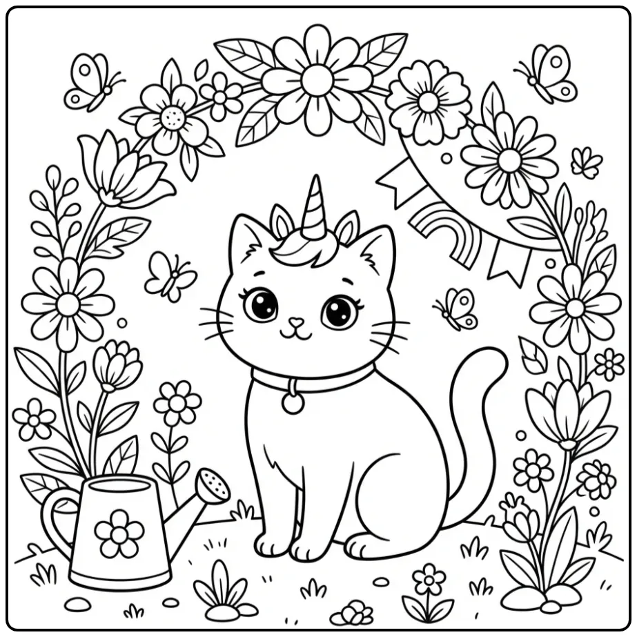 Unicorn Cat with a Flower Arch and Butterflies coloring page