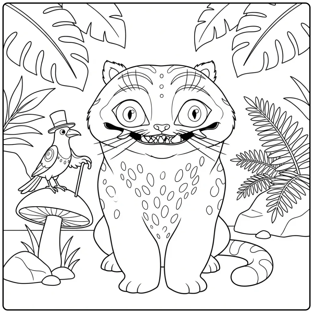 KPop Demon Hunters Derpy coloring page with a silly tiger and crow
