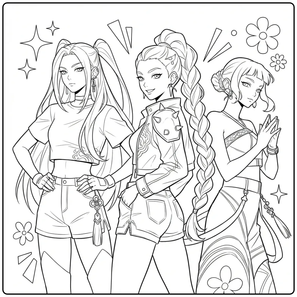 Unique KPop Demon Hunters in Modern Outfits coloring page