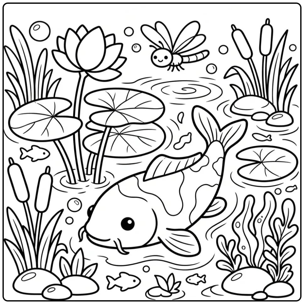 Pond with Dragonfly and a Cheerful Fish coloring page