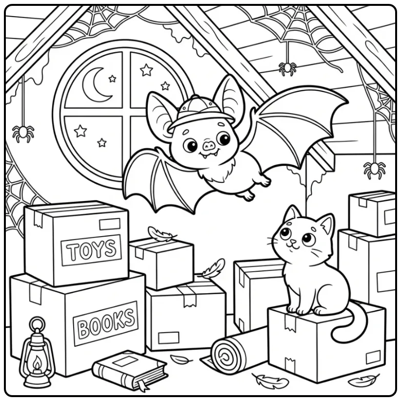 Bat Adventure in an Old Attic coloring page